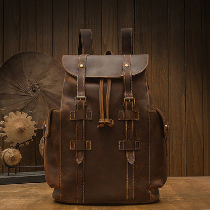 Retro Crazy Horse Leather Men's Backpack Casual Bag Dark Brown