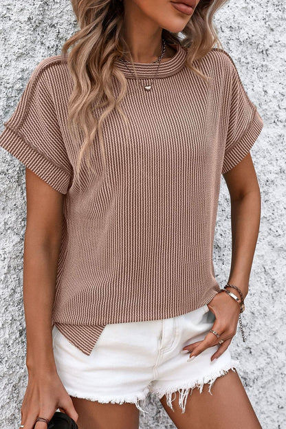 Striped Round Neck Short Sleeve T-Shirt Camel