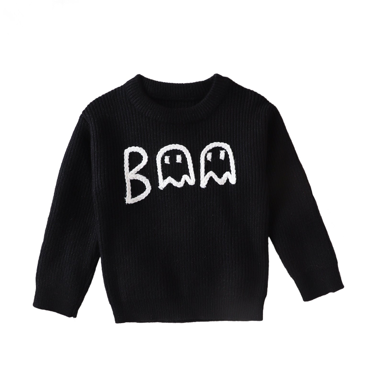 Boy's Cartoon Ghost Embroidered Long-Sleeved Sweater - Cute Black Pullover for Toddlers & Kids Black