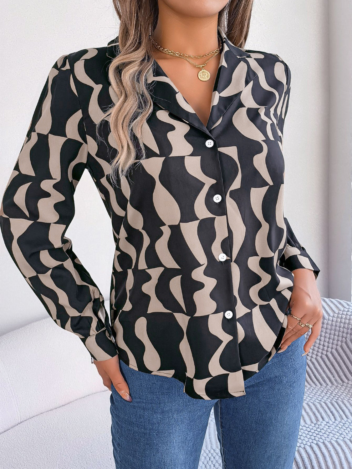 Printed Button Up Long Sleeve Shirt Mocha