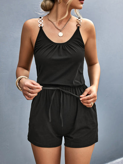 Scoop Neck Romper with Pockets Black