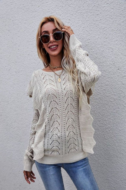 Openwork Round Neck Ruffled Sweater Apricot