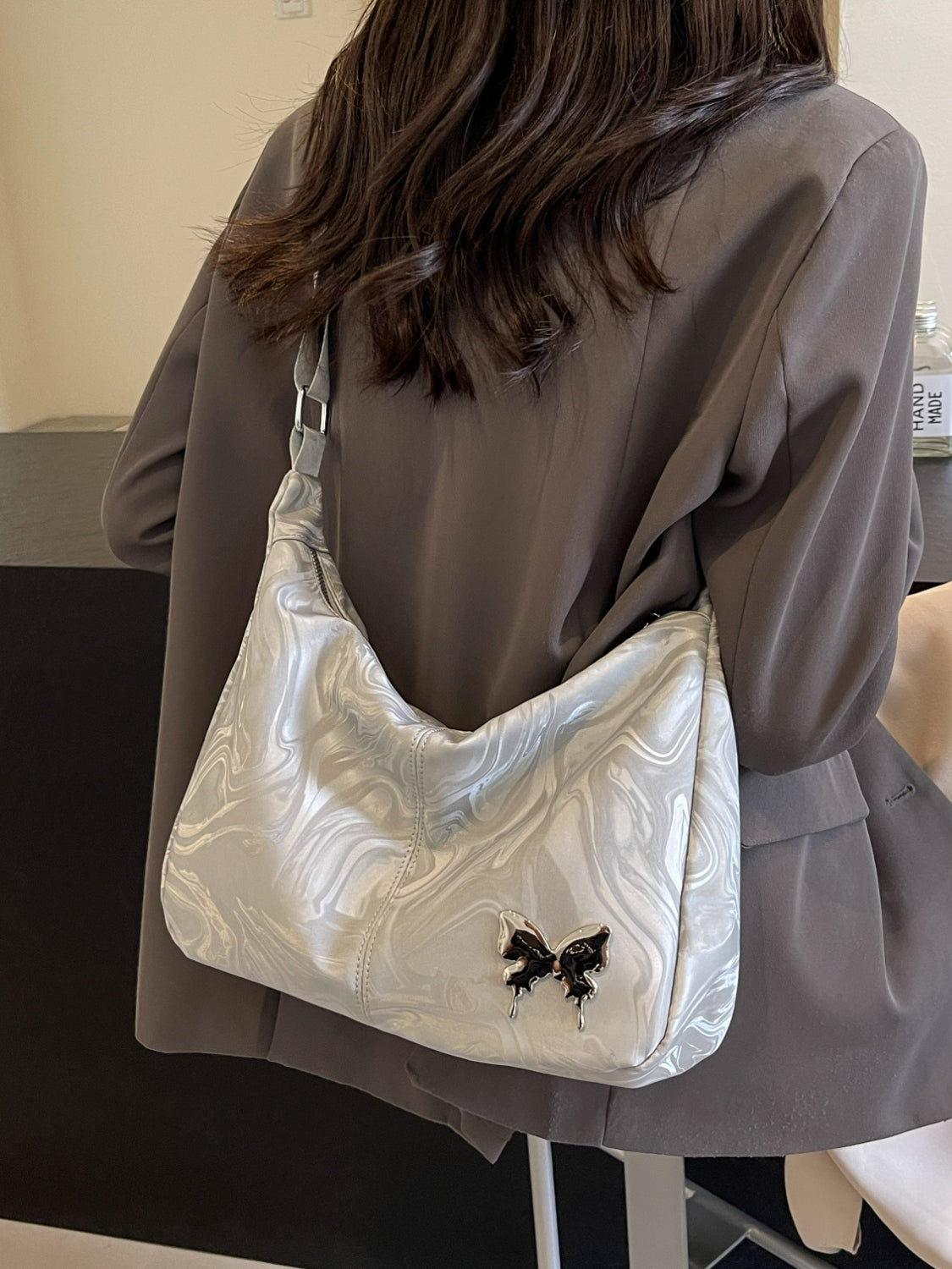 PU Leather Adjustable Strap Shoulder Bag Silver One Size