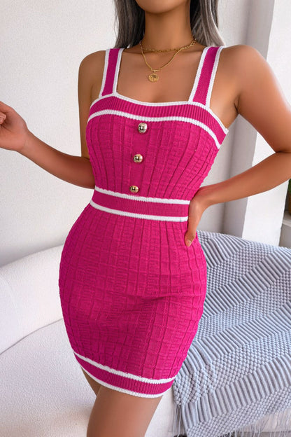 Contrast Trim Decorative Button Sleeveless Knit Dress Hot Pink