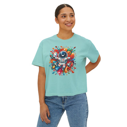 Boxy Tee, Astronaut in Space T-Shirt, Paint Splatter Women's Shirt, Cartoon Space Tee, Fun Graphic Tee