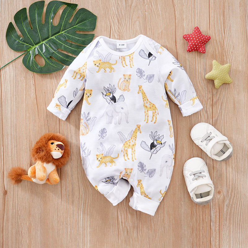 Baby Spring And Autumn One-piece Pajamas Newborn Baby Four Seasons Home Romper New Long Sleeve Inner Pullover Tropical Animals