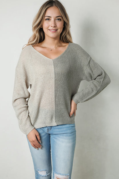 Contrast Color V-Neck Long Sleeve Pullover Sweater