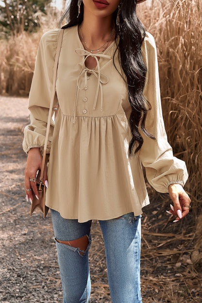 Tied Decorative Button Balloon Sleeve Blouse