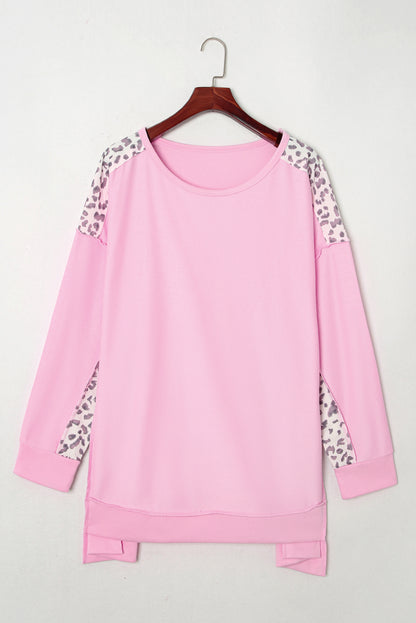 Pink Leopard Splicing Plus Size Sweatshirt with Exposed Seams