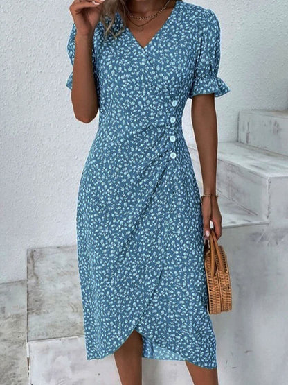 Full Size Printed Surplice Flounce Sleeve Midi Dress Cerulean