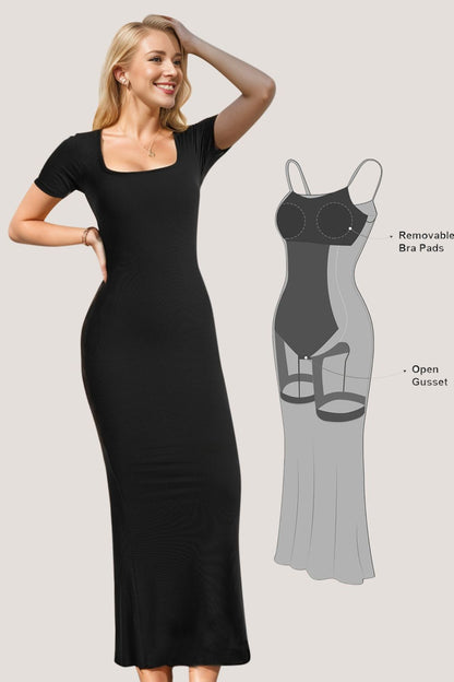 Basic Bae Built-In Shapewear Square Neck Short Sleeve Maxi Dress Black