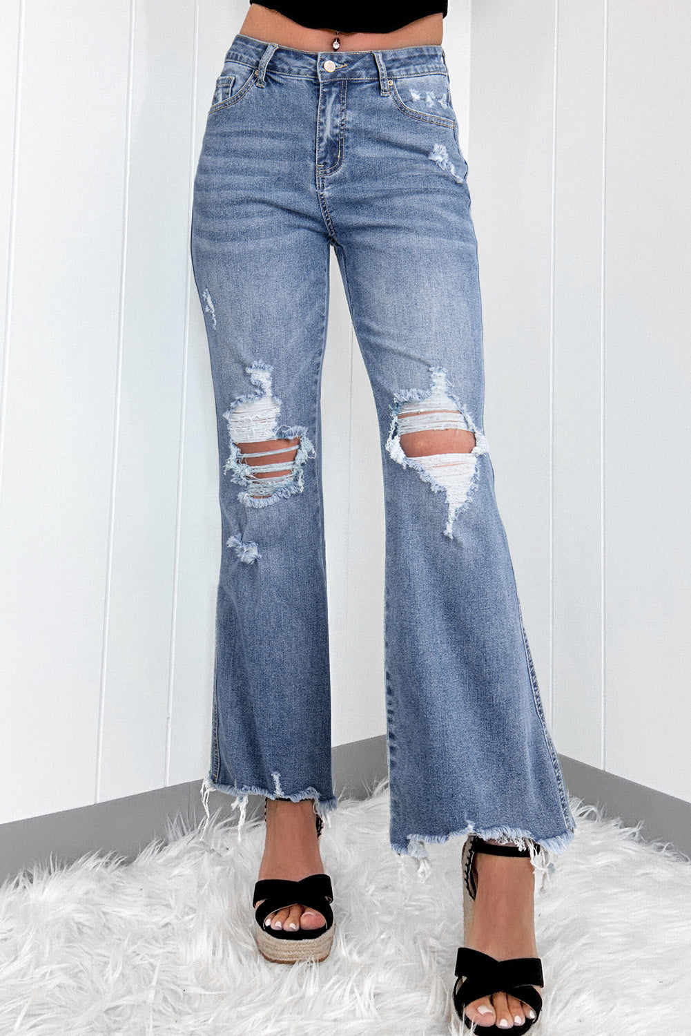 Dusk Blue High Rise Ripped Distressed Hem Flared Jeans Dusk Blue 85%Cotton+10%Polyester+5%Elastane