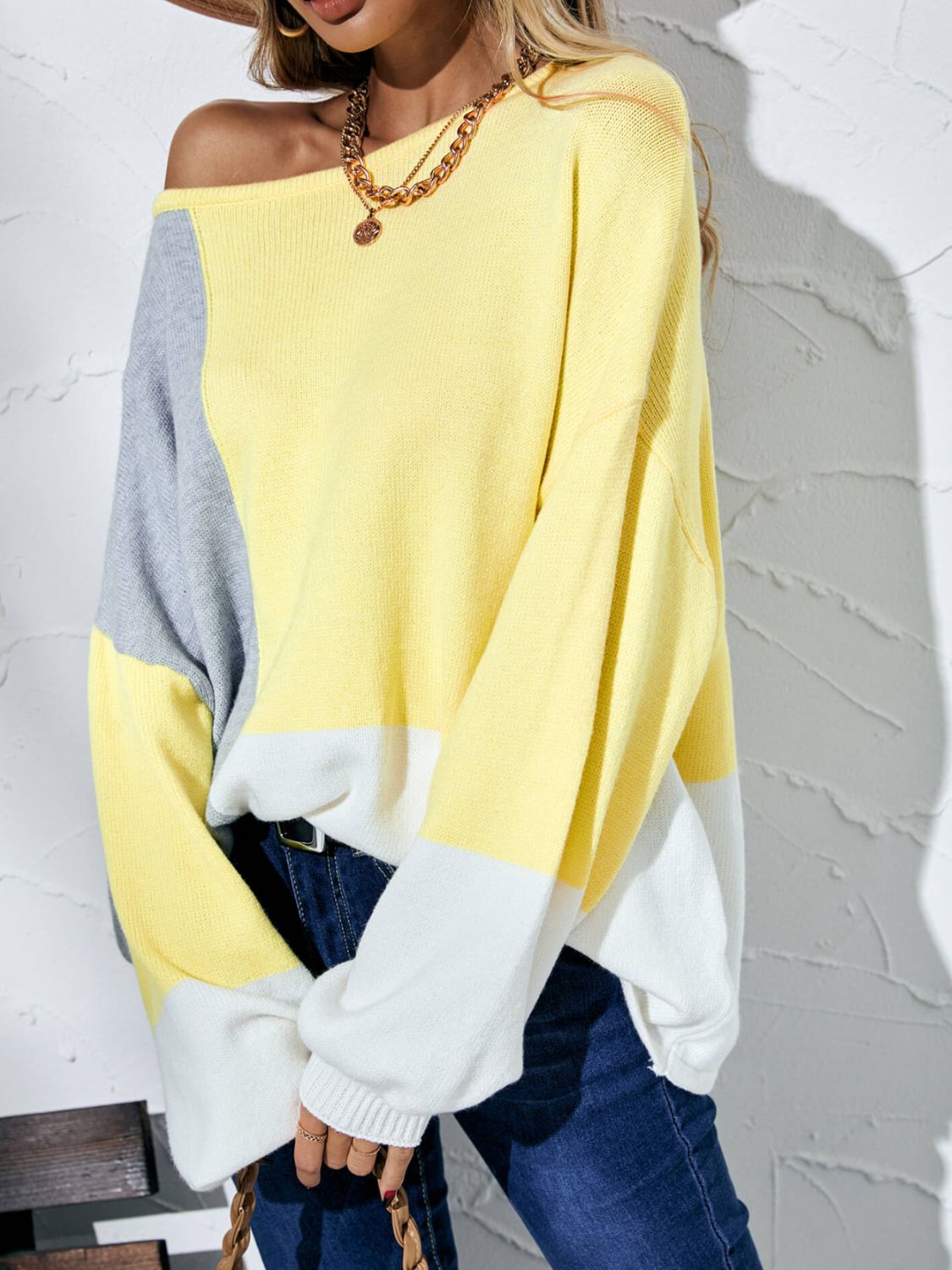 Color Block Balloon Sleeve Boat Neck Sweater Yellow