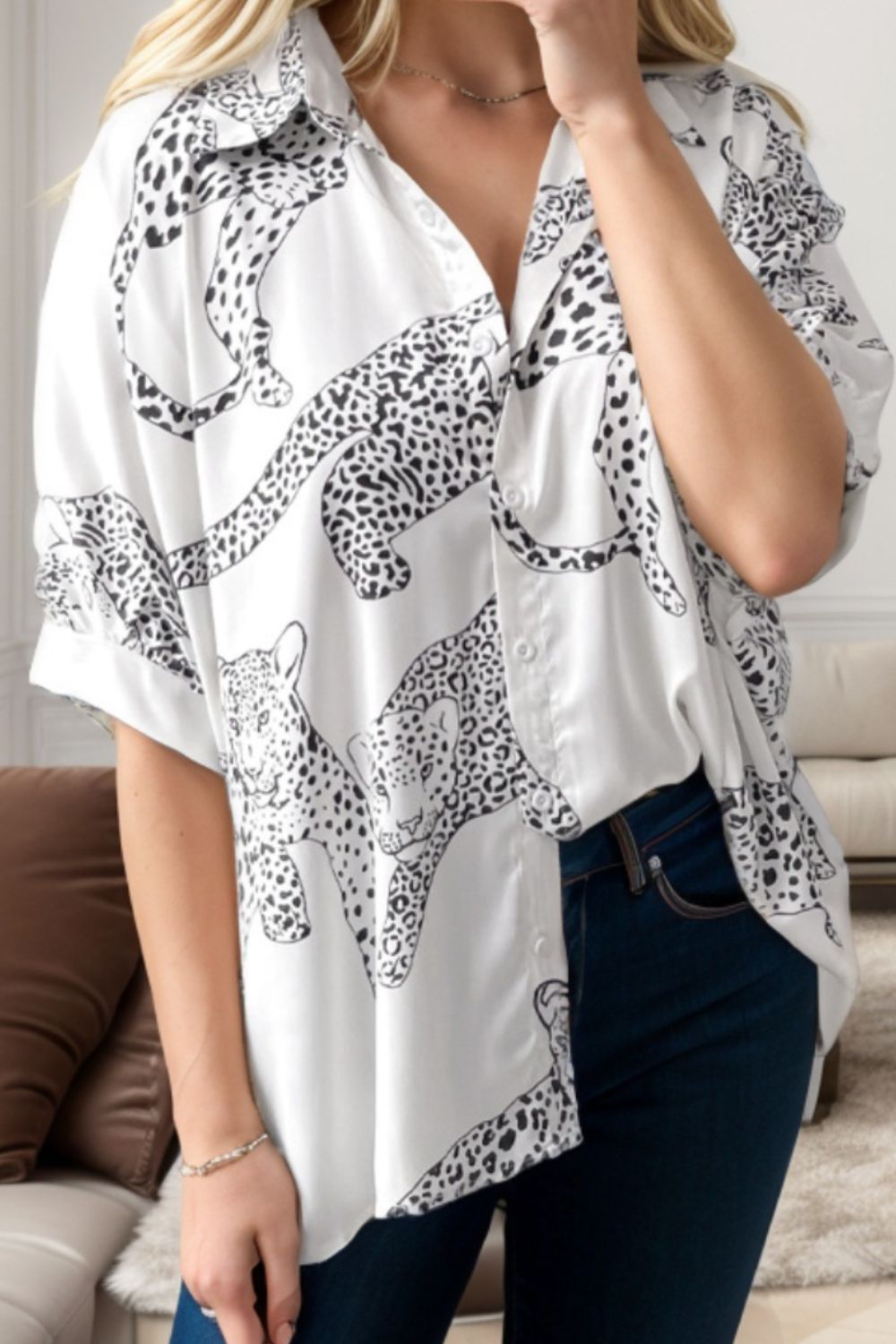 Printed Collared Neck Half Sleeve Shirt White