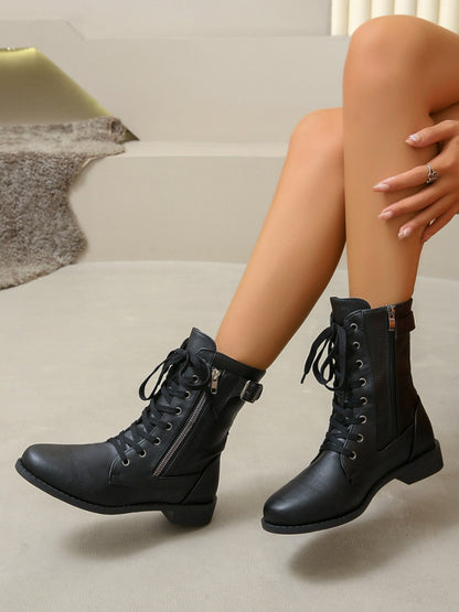 PU Leather Lace-Up Boots Black