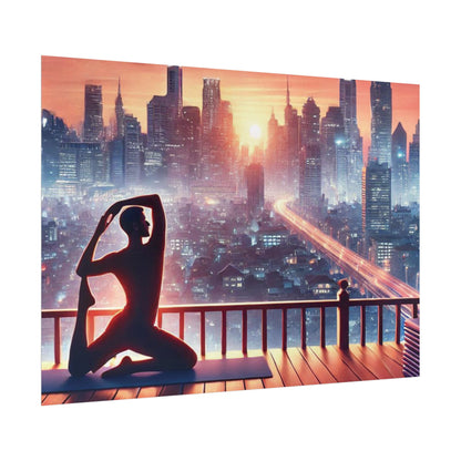 Yoga Poster, Cityscape Sunset Art, Rolled Wall Art, Pink Orange Skyline Decor, Urban Zen Meditation, Rooftop Exercise Print, Relaxation Gift