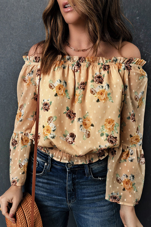 Yellow Bell Sleeves Floral Crop Top Yellow 100%Polyester