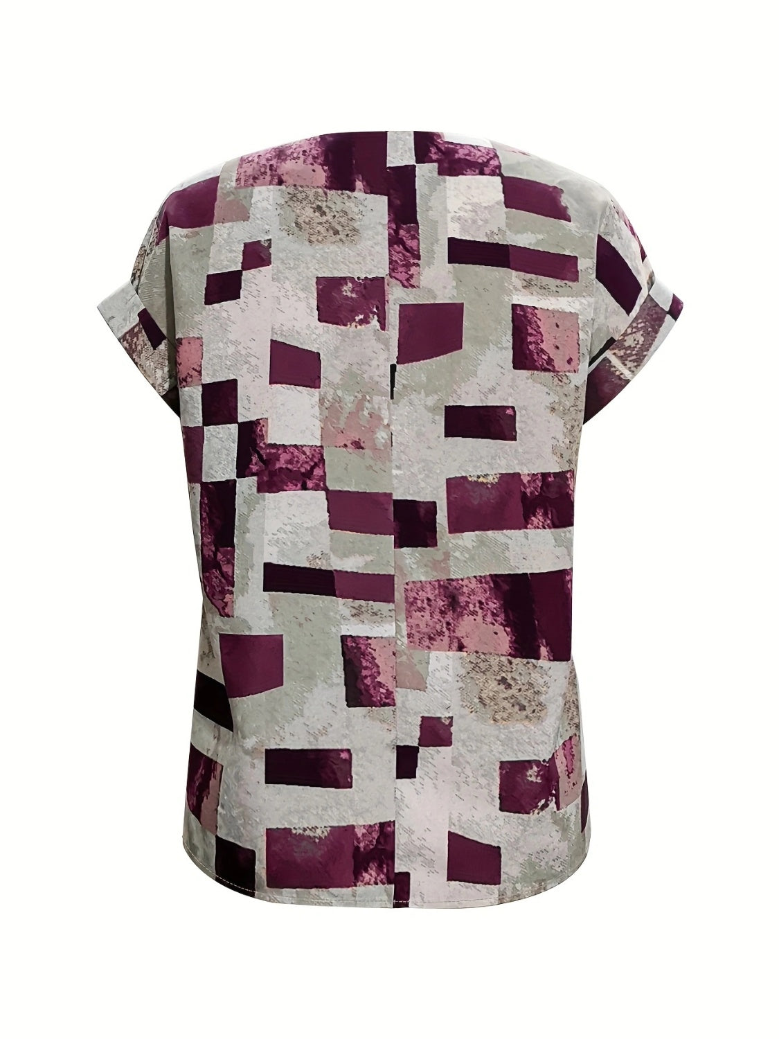 Printed Notched Short Sleeve Blouse - Basic Style, Comfortable Fit, No Stretch