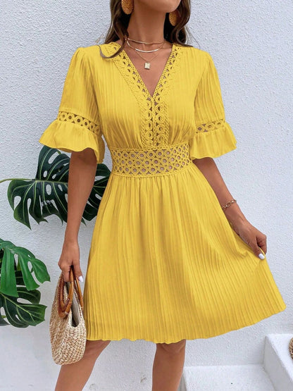 Cutout V-Neck Flounce Sleeve Mini Dress Yellow