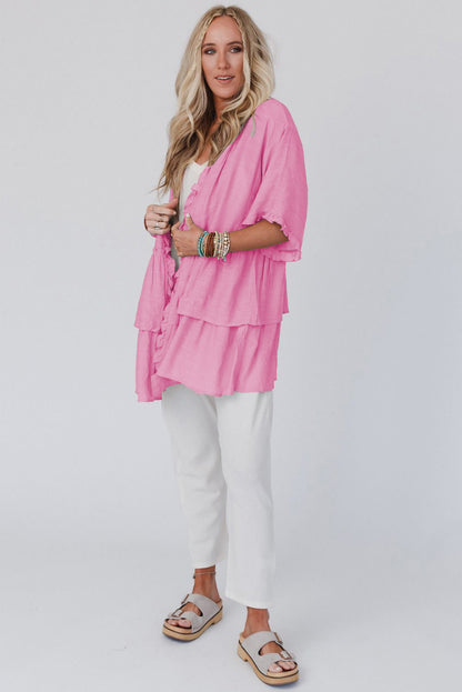 Pink Ruffled Trim Half Sleeve Open Front Kimono