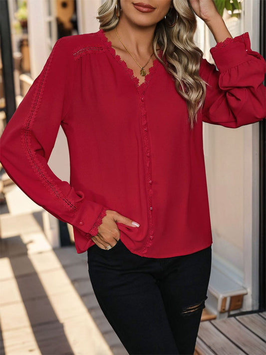 Lace Detail V-Neck Long Sleeve Blouse Deep Red