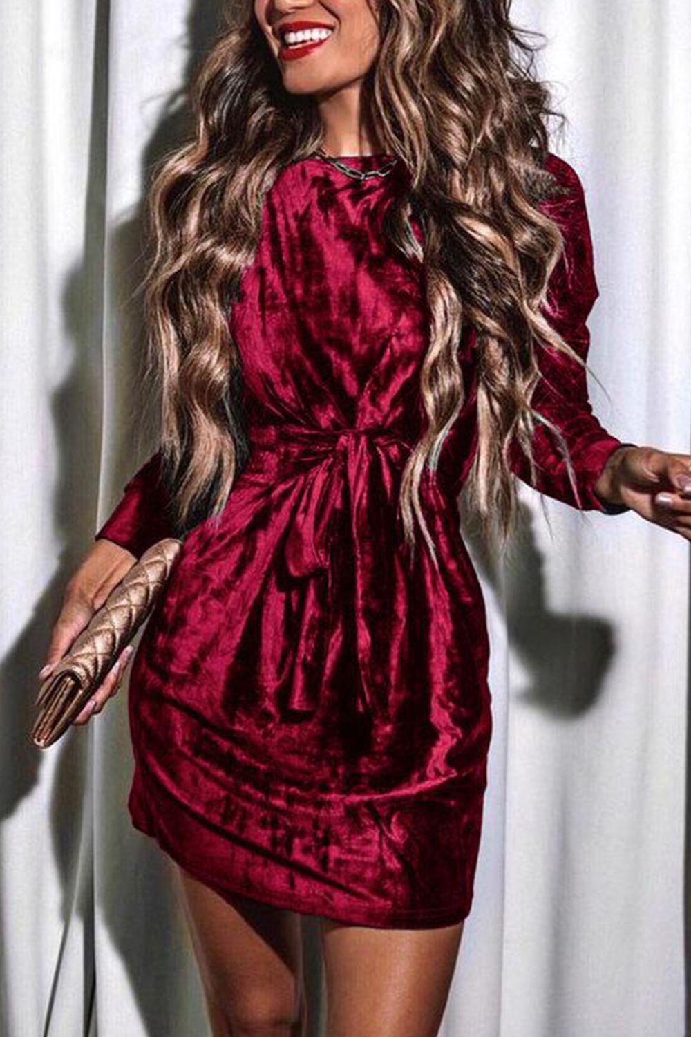 Tied Round Neck Long Sleeve Dress Burgundy