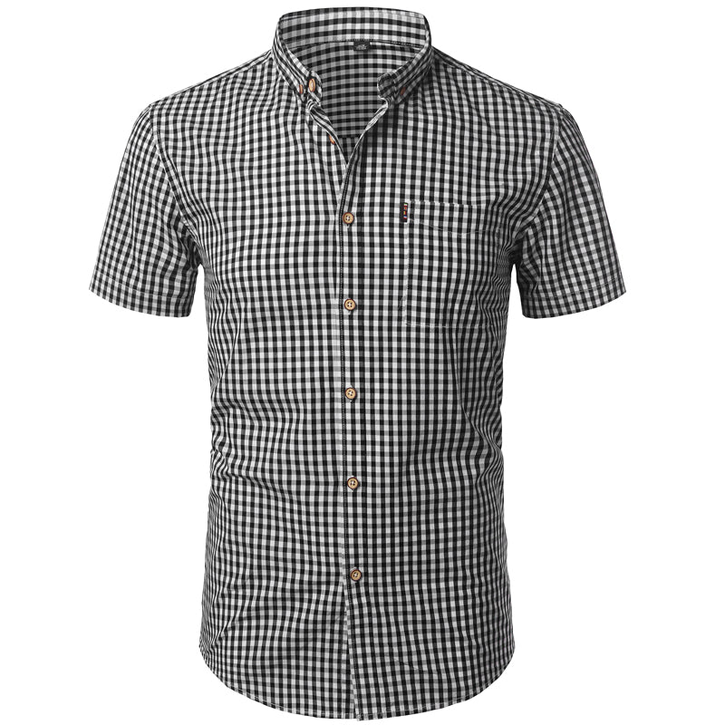 Men's Short Sleeve Small Plaid Shirt | Summer Casual Cotton-Blend Button-Down Dress Shirt