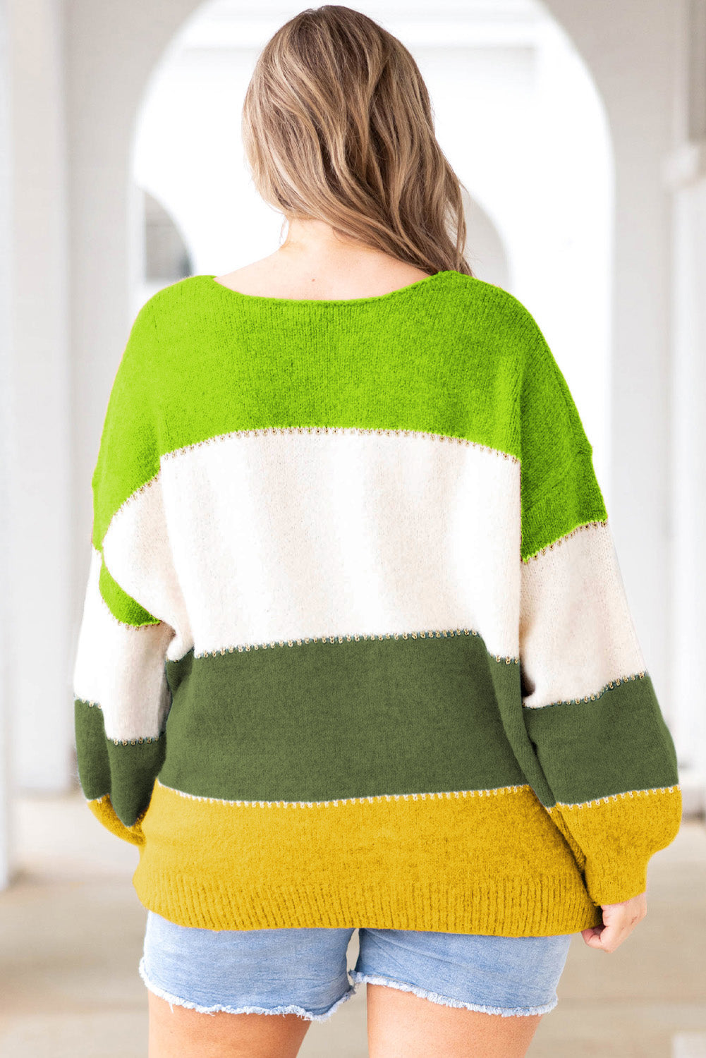 Green Plus Size Color Block Patchwork Sweater - Cozy & Stylish for Curvy Women