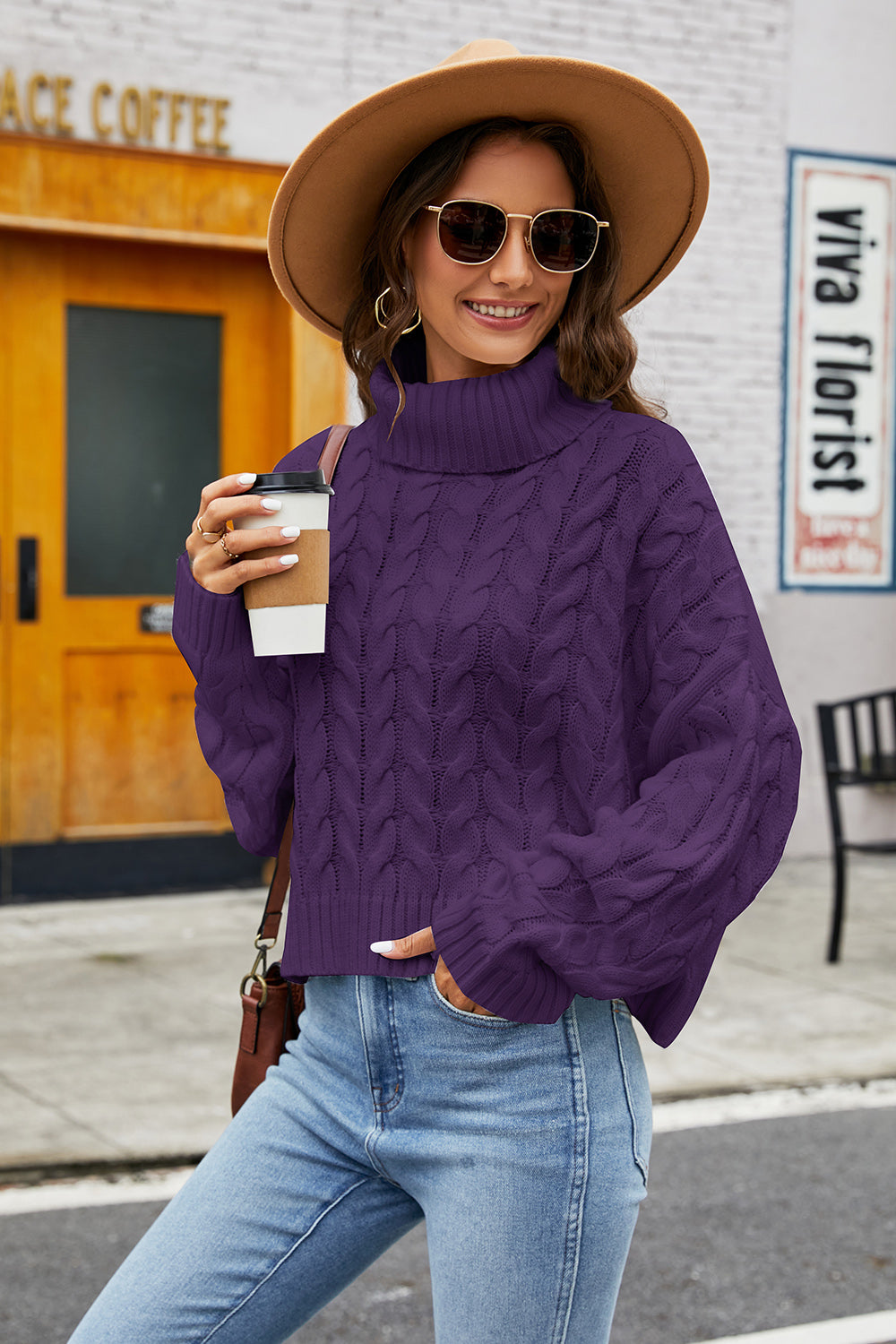 Turtleneck Cable-Knit Long Sleeve Sweater Plum