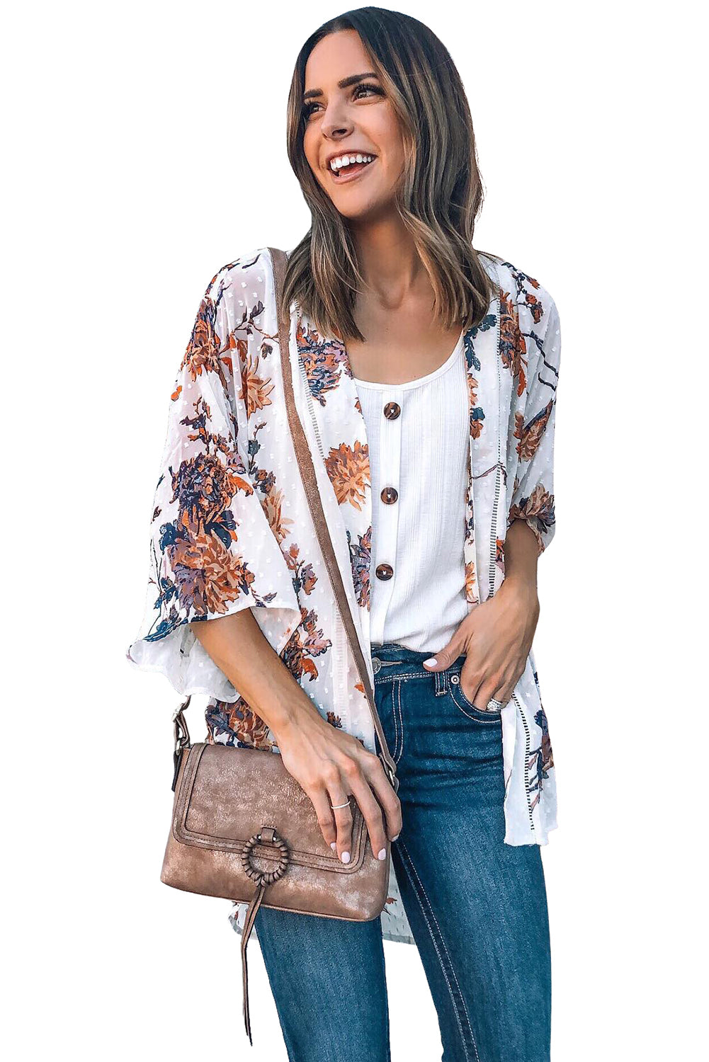 White Floral Print Open Front Bell Sleeve kimono