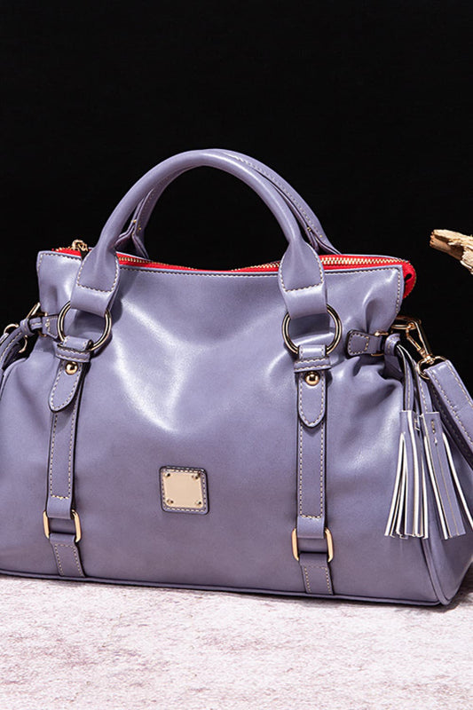 PU Leather Handbag with Tassels Blue Purple One Size