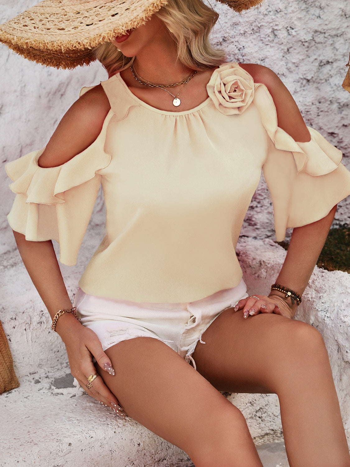 Ruffled Round Neck Half Sleeve Blouse - Thandynie