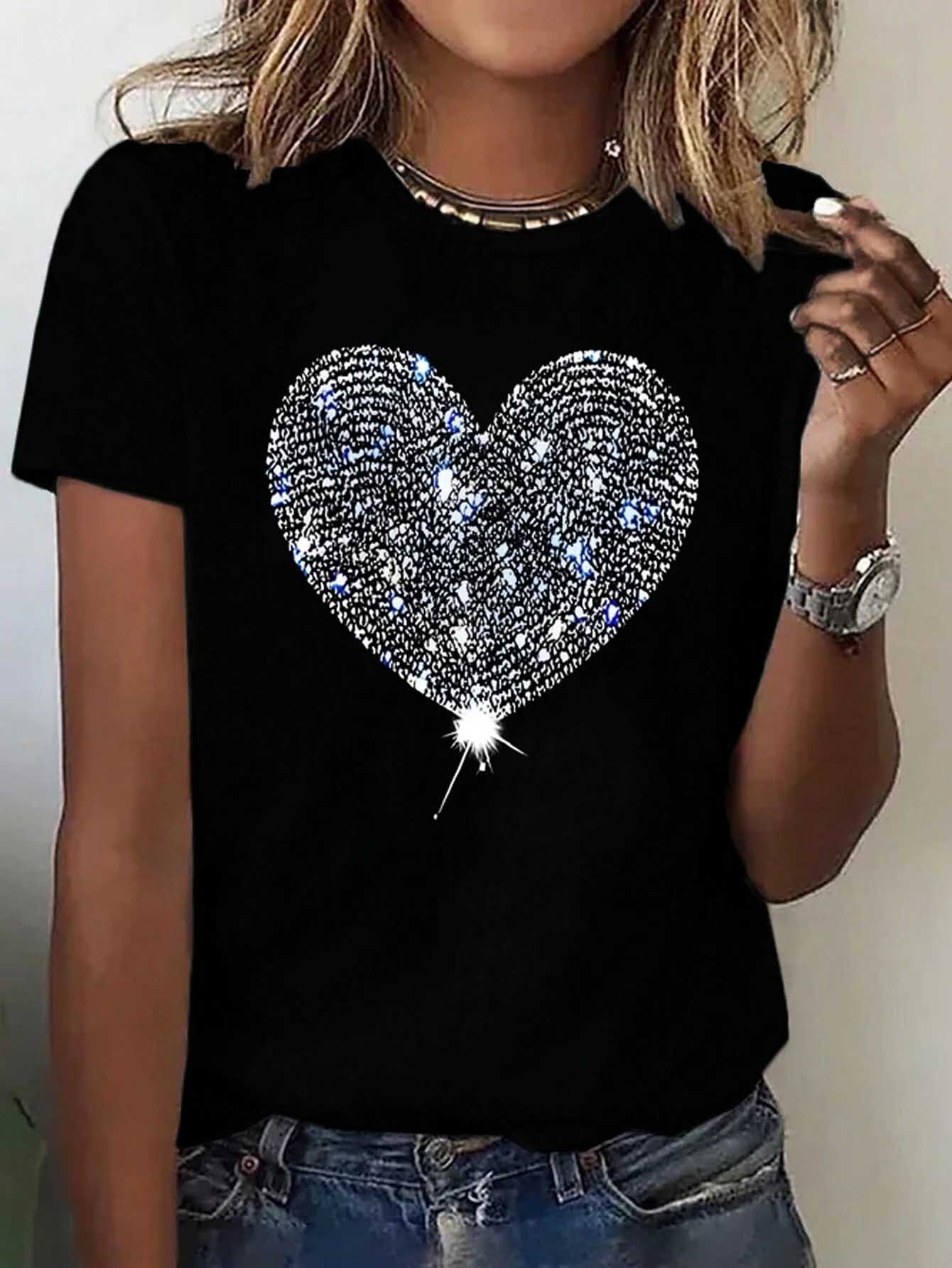 Heart Graphic Round Neck Short Sleeve T-Shirt Black