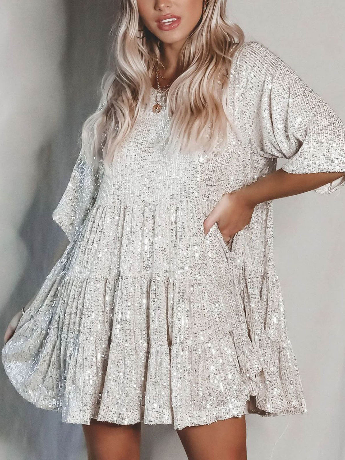 Full Size Sequin Round Neck Half Sleeve Mini Dress White