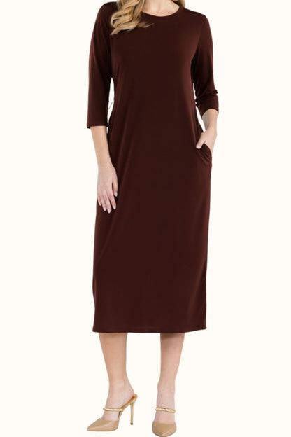 Celeste Full Size Round Neck Midi Dress BROWN