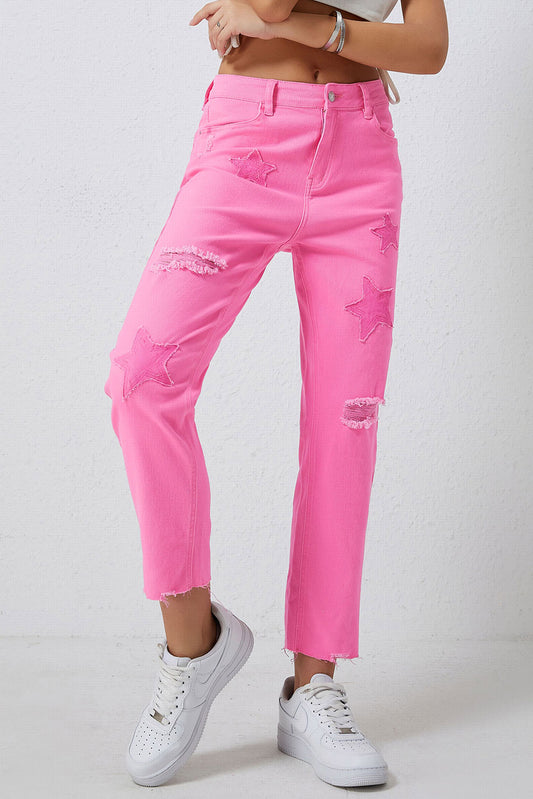 Star Raw Hem Distressed Jeans Pink