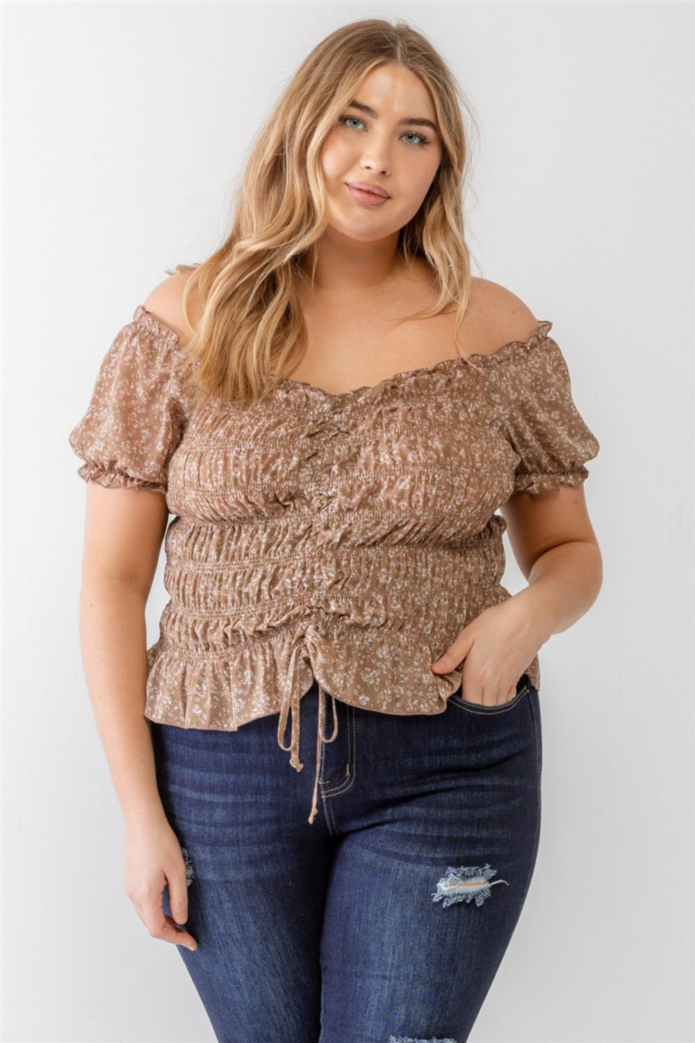 Zenobia Plus Size Frill Ruched Off-Shoulder Short Sleeve Blouse - Thandynie