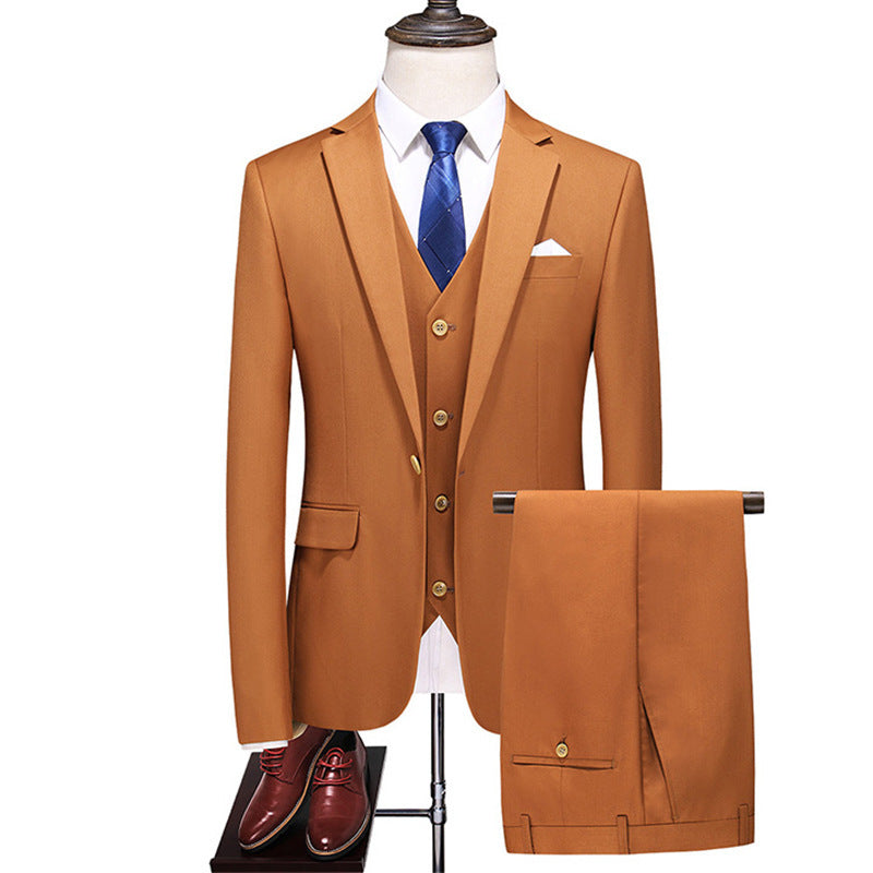 Men's Three-Piece Solid Color Suit for Evening Events, Banquets, or Weddings. Caramel