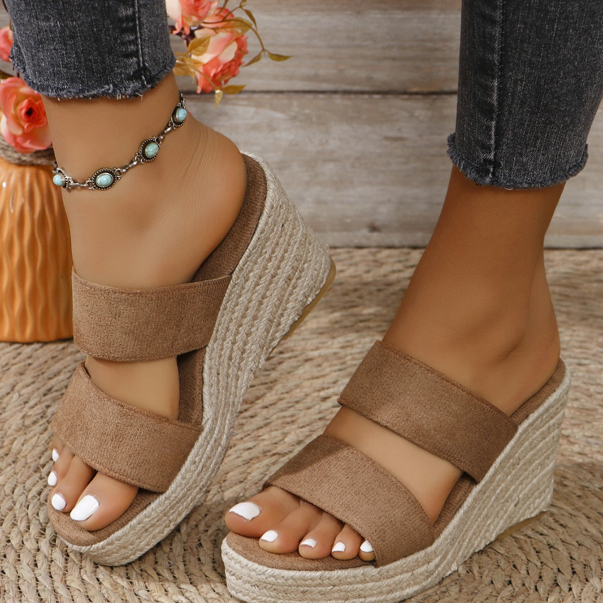 Open Toe Wedge Sandals Camel