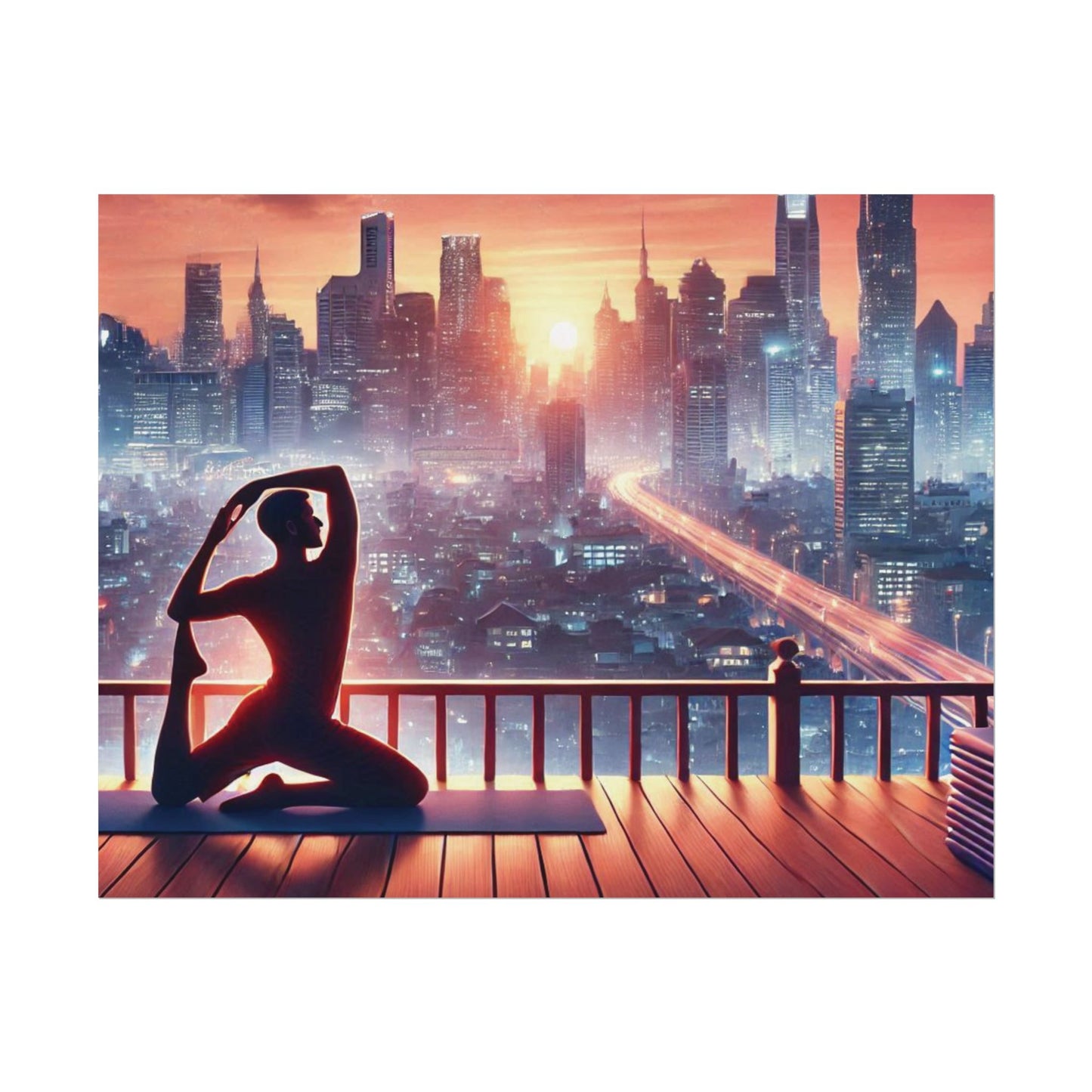 Yoga Poster, Cityscape Sunset Art, Rolled Wall Art, Pink Orange Skyline Decor, Urban Zen Meditation, Rooftop Exercise Print, Relaxation Gift 14″ x 11″ (Horizontal) Fine Art