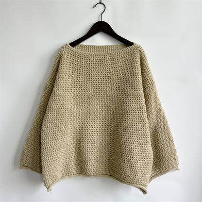 Openwork Boat Neck Long Sleeve Sweater Khaki