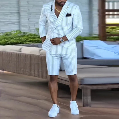 British Style Casual Black Striped Men's Trendy New Shorts Suit White