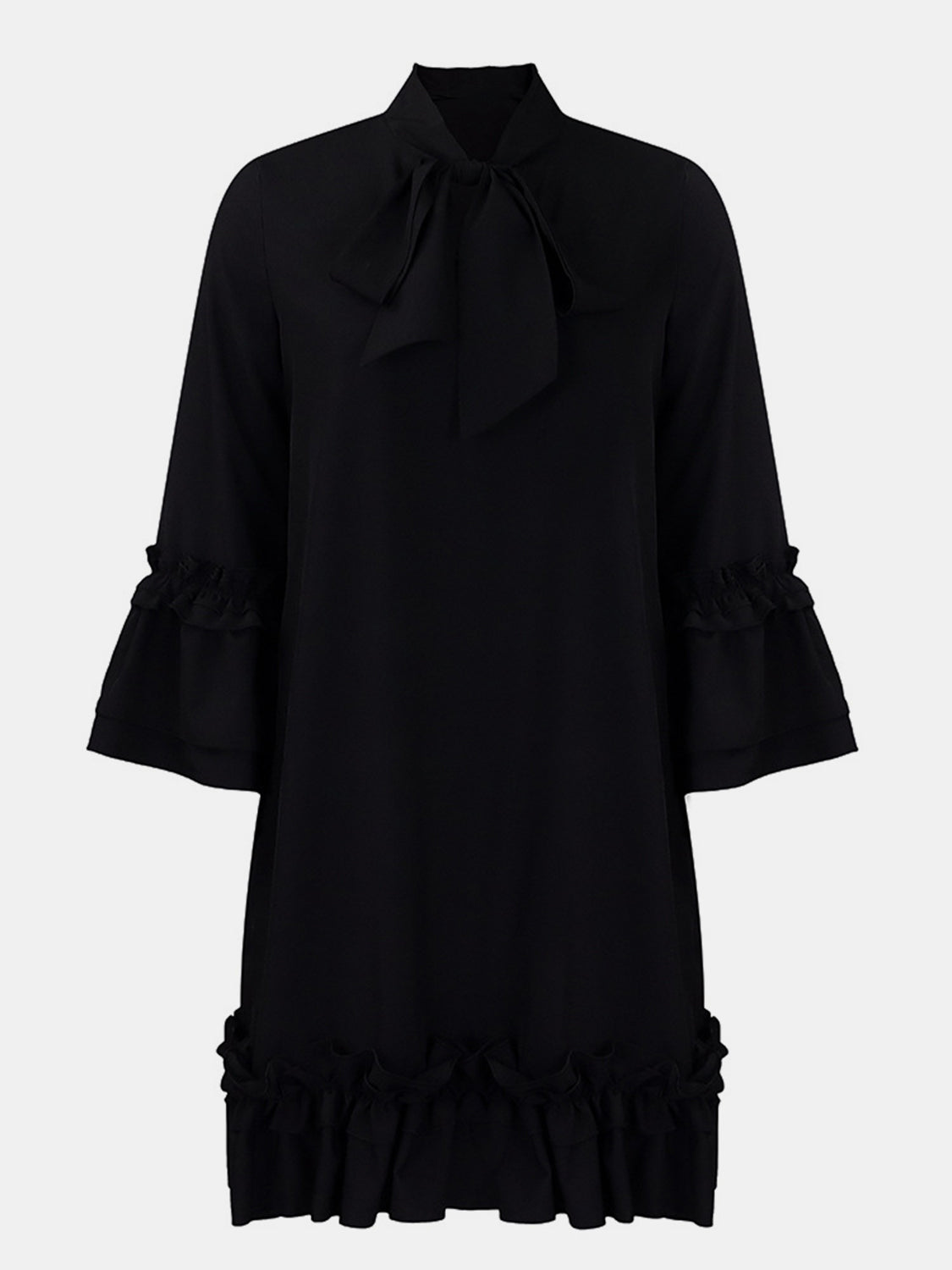 Frill Tie Neck Three-Quarter Sleeve Dress Black