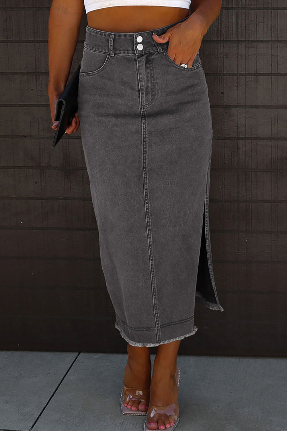 Raw Hem Slit Pocketed Midi Denim Skirt Dark