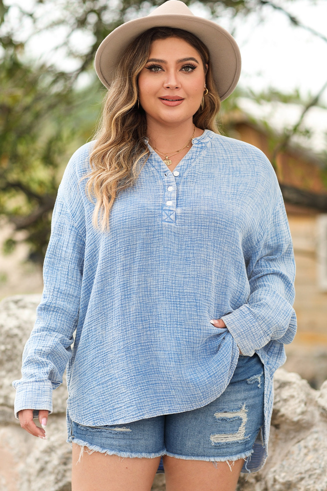 Plus Size Half Button Long Sleeve Blouse Light Blue