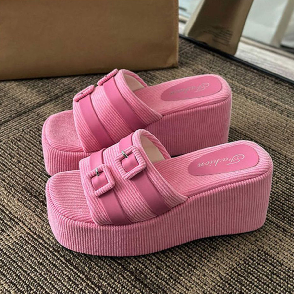 Open Toe Wedge Suede Sandals Hot Pink