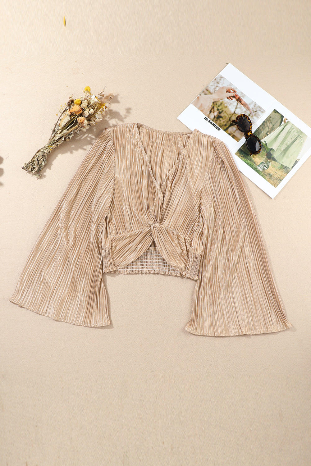 Camel Pleated Bell Sleeve Twist V Neck Cropped Blouse