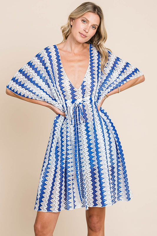 Cotton Bleu by Nu Lab Tied Striped Plunge Half Sleeve Cover-Up Royal Blue