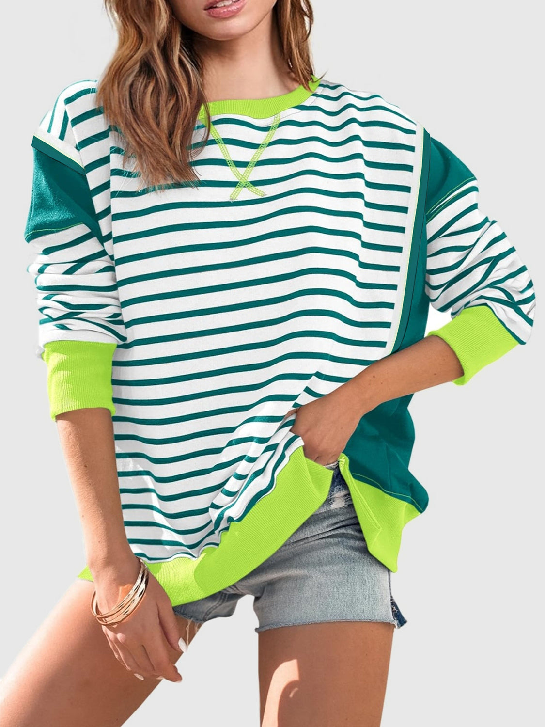 Slit Exposed Seam Striped Long Sleeve Sweatshirt Neon Green