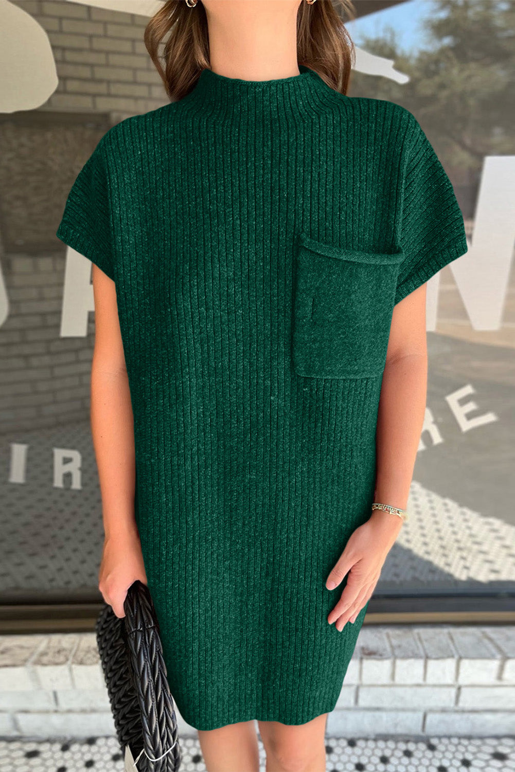 Ribbed Pocketed Mock Neck Short Sleeve Sweater Dark Green